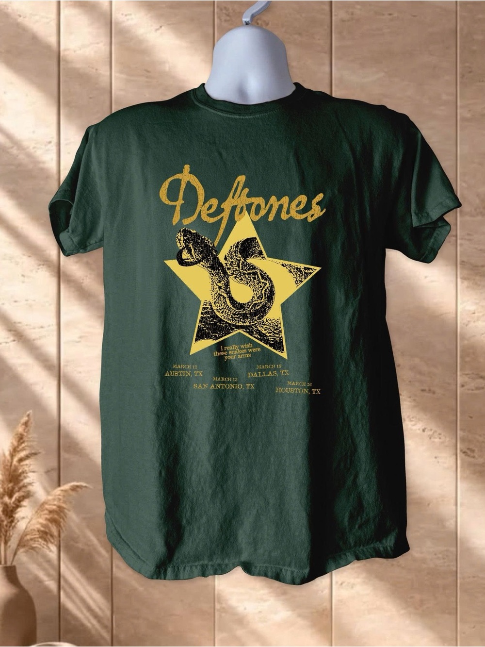 Gildan Dark Green Deftones Tee with Yellow Snake Star Graphic